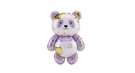 Adorable three-dimensional illustration of a playful purple panda balloon adorned with golden polka dots and whimsical patches, perfect for joyful events and decorations