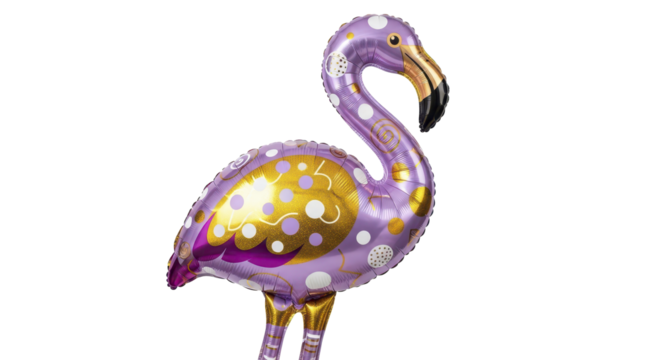 A whimsical purple flamingo balloon with white polka dots and gold accents, perfect for celebrations and parties