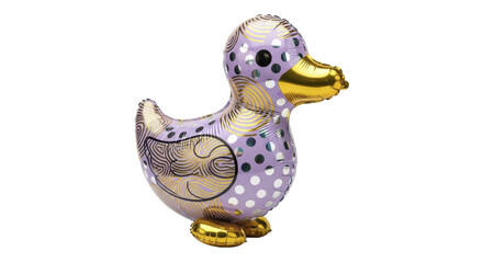 A cute purple duck balloon with gold polka dots and swirling designs, perfect for parties and celebrations