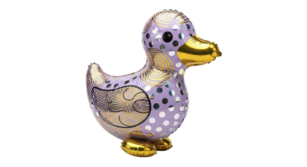 A cute purple duck balloon with gold polka dots and swirling designs, perfect for parties and celebrations