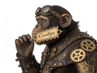 Steampunk Monkey Saying Goodbye on Black Background