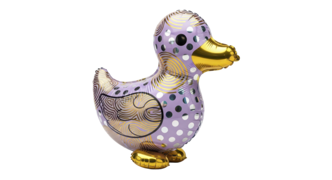 A cute purple duck balloon with gold polka dots and swirling designs, perfect for parties and celebrations