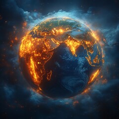 A burning earth globe surrounded by dark clouds and glowing fire effect art