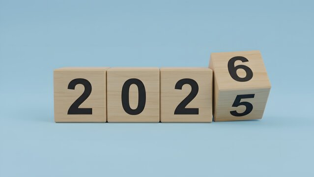Year Change Concept: Wooden Blocks Showing New Year 2026 Transition from 2025 on Blue Background