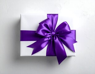 Exquisite present wrapped in pristine white paper with vibrant purple ribbon bow
