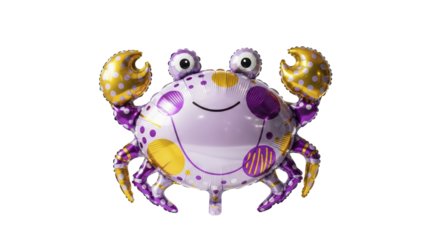 Vibrant purple and gold inflatable crab balloon, perfect for summer parties, beach themes, or marine-inspired decorations, featuring a cheerful cartoon design with polka dots and stripes
