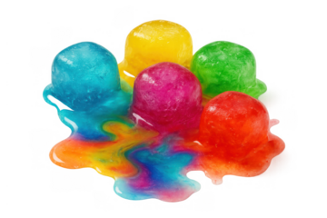 Melting colorful ice cubes forming vibrant rainbow liquid on transparent background, symbolizing transformation and change