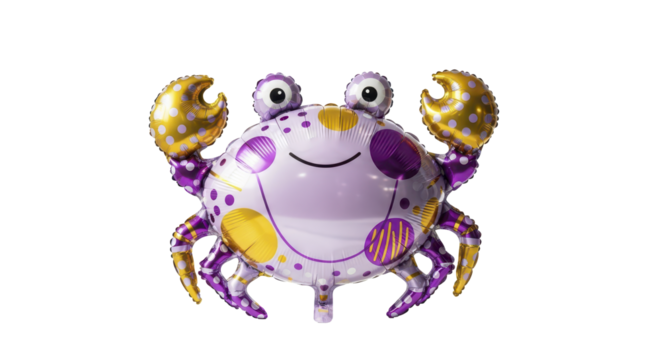 Vibrant purple and gold inflatable crab balloon, perfect for summer parties, beach themes, or marine-inspired decorations, featuring a cheerful cartoon design with polka dots and stripes