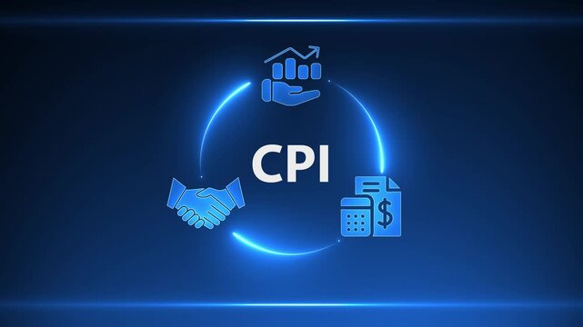 CPI Business Cycle Diagram with Icons for Growth Handshake and Finance on Blue Neon Background consumer price index