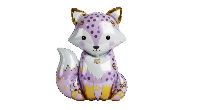 Cute cartoon fox balloon with purple and gold details, perfect for parties and celebrations