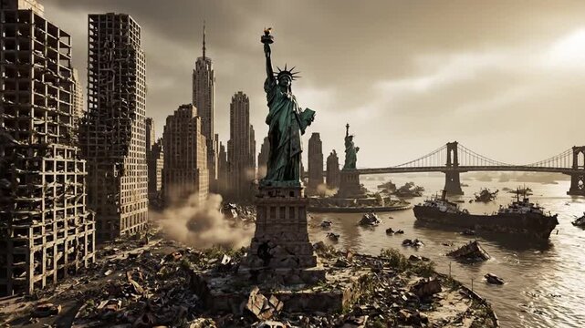 Apocalyptic New York City: Statue of Liberty Amidst Devastation and Ruins, Aftermath