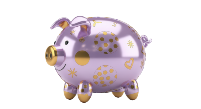 Charming Lilac Piggy Bank Adorned with Golden Polka Dots and Stars, a Whimsical and Decorative Money Box