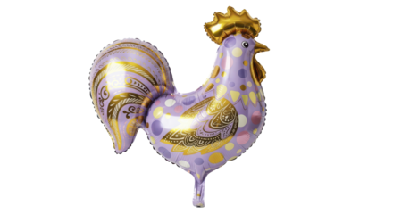 Vibrant and Elegant Foil Rooster Balloon Decoration with Intricate Gold Patterns on a Shiny Purple Surface, Perfect for Festive Celebrations, Parties, and Holiday Decor
