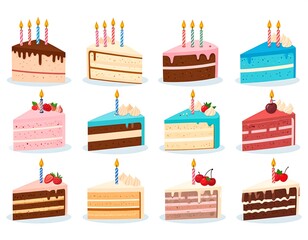 Festive birthday cake slices collection with candles and colorful toppings illustration