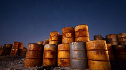 Rusty metal barrels stacked outdoors under a vast starry night sky