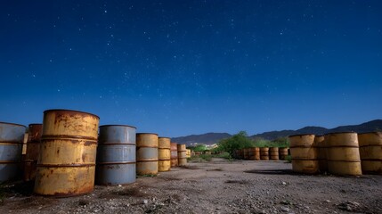 Obraz premium Rusty metal barrels are stored outdoors under a vast starry night sky with distant mountains