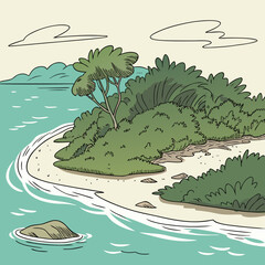 A charming cartoon illustration of a secluded tropical island cove with lush green vegetation and calm turquoise waters © uuu