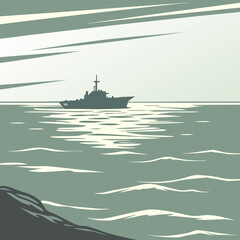 A solitary warship sails across a calm sea with stylized waves and a cloudy sky above © uuu