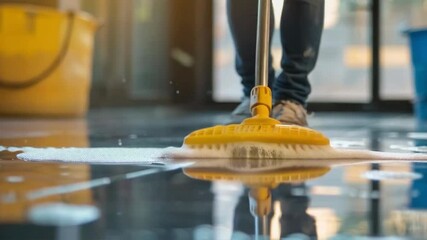 A cleaner with a mop and bucket cleans up the aftermath of flooding in a room, reminding us of the importance of responding promptly to climate disasters as the main backdrop for informational posters