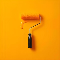 Obraz premium Bright conceptual paint roller dipped in vibrant orange liquid on bold artistic background symbolizing creativity and design transformation