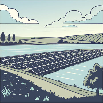 Expansive solar panel array on a calm lake surface with rolling hills and clouds in the background