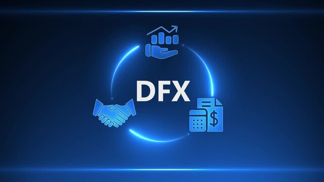 DFX financial growth and partnership concept with glowing blue neon circle and business icons finance
