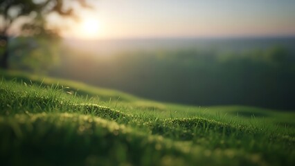 A close up view of green grass on a hillside with a blurred background at sunset