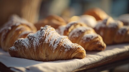 Freshly baked croissants dusted with powdered sugar on a wooden tray. The warm golden pastries are arranged neatly, inviting and delicious.