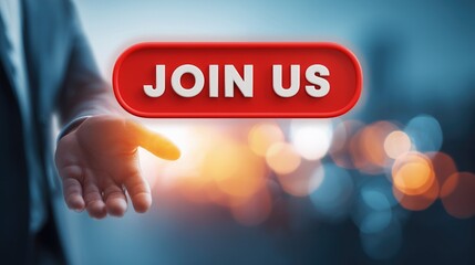 Business professional presenting glowing red "JOIN US" button with outstretched hand. Concept of recruitment, team hiring, career opportunity, company onboarding and business collaboration 