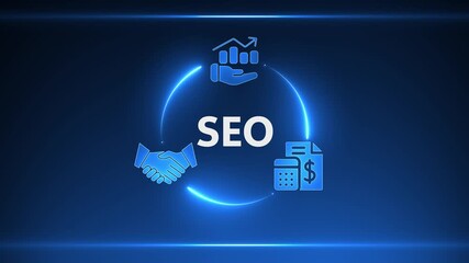 SEO concept with glowing blue circle connecting icons of handshake graph and calculator with dollar sign - Powered by Adobe