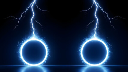 Two glowing blue neon energy rings on a dark reflective surface being struck by bright lightning bolts from above