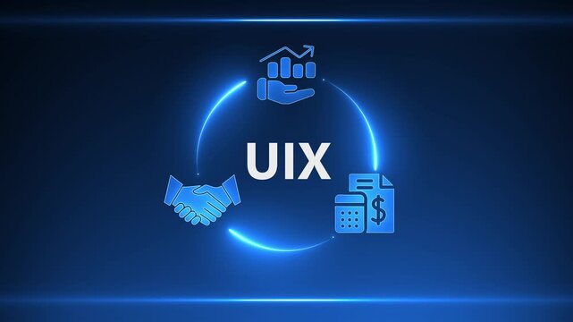 UIX concept with glowing blue circle connecting icons of handshake graph and calculator with dollar sign