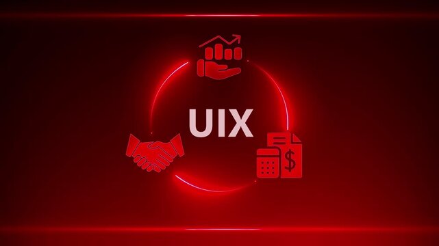 UIX concept with glowing red circle connecting icons of handshake graph and calculator with dollar sign