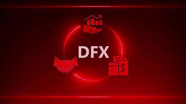DFX financial growth and partnership concept with glowing red neon circle and business icons finance
