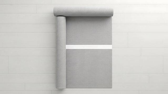 A partially unrolled grey yoga mat with a white alignment stripe, seen from a top-down view on a white wood floor. - Powered by Adobe