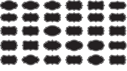 Ornate Black Label and Badge Icon Set – Featuring Shields, Ovals, Starbursts, and Decorative Frames for Visual Themes in Vintage Branding, Elegant Packaging, and Classic Graphic Design