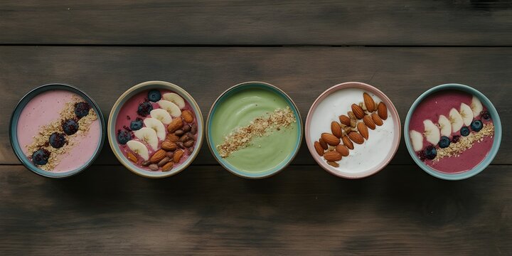 Assortment of colorful smoothie bowls topped with fresh fruits and nuts healthy breakfast concept - Powered by Adobe