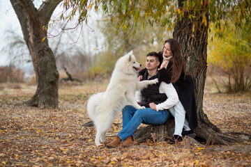 A young family - a guy, a girl and a cute fluffy Samoyed - are walking by the river