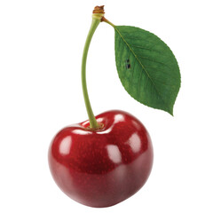 Single red cherry with green leaf isolated on transparent background