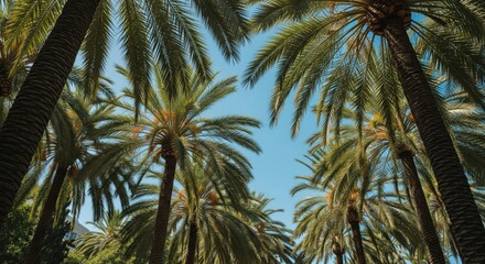 An upward view of tall palm trees against a clear blue sky