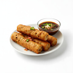 portrait of pempek lenjer on a white background, sharp and clean, no noise.