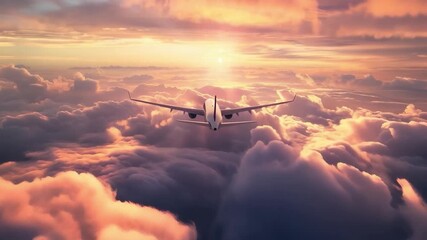 An aeroplane above the clouds at sunset creates an impression of freedom and travel, ideal for tourism presentations as a main background.
