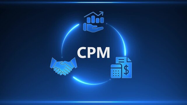 Blue Neon Circle CPM Icon with Handshake Graph and Calculator on Dark Blue Background cost per mille