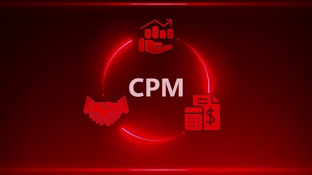 Red Neon Circle CPM Icon with Handshake Graph and Calculator on Dark Red Background cost per mille