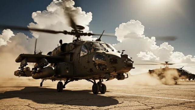 Two military attack helicopters, likely apache models, kicking up dust on a dry landing zone under a dramatic cloudy sky