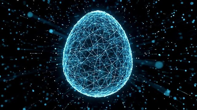 Digital Egg Animation with Blue Network Nodes and Floating Particles in Futuristic Space
