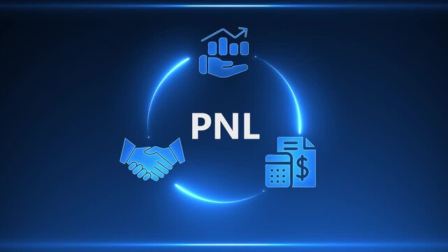 Blue Neon Circle PNL Icon with Handshake Graph and Calculator on Dark Blue Background profit and loss