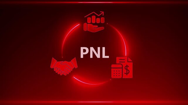 Red Neon Circle PNL Icon with Handshake Graph and Calculator on Dark Red Background profit and loss