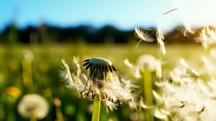 A close up view of a lone dandelion in a lush green field slowly drifting away on the gentle wind, capturing the carefree concept of freedom and joy, perfect for cooking show backgrounds or.