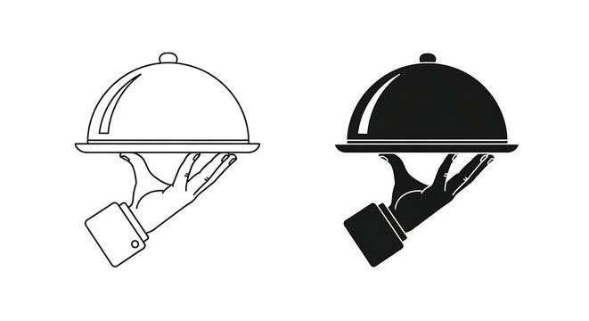Elegant waiter hand holding a covered serving platter outline and solid style